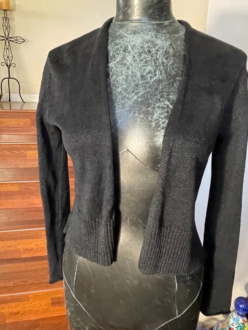 Eileen Fisher Petite PP Open Black Cardigan Sweater Linen Lng Slvs Lightweight